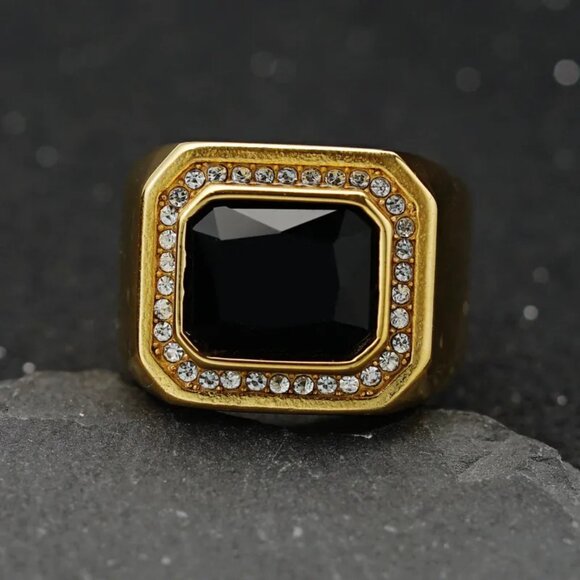 3/$35 Black Onyx Signet Titanium Ring for Men Gold Plated Band Cubic Zirconia CZ - Picture 4 of 5